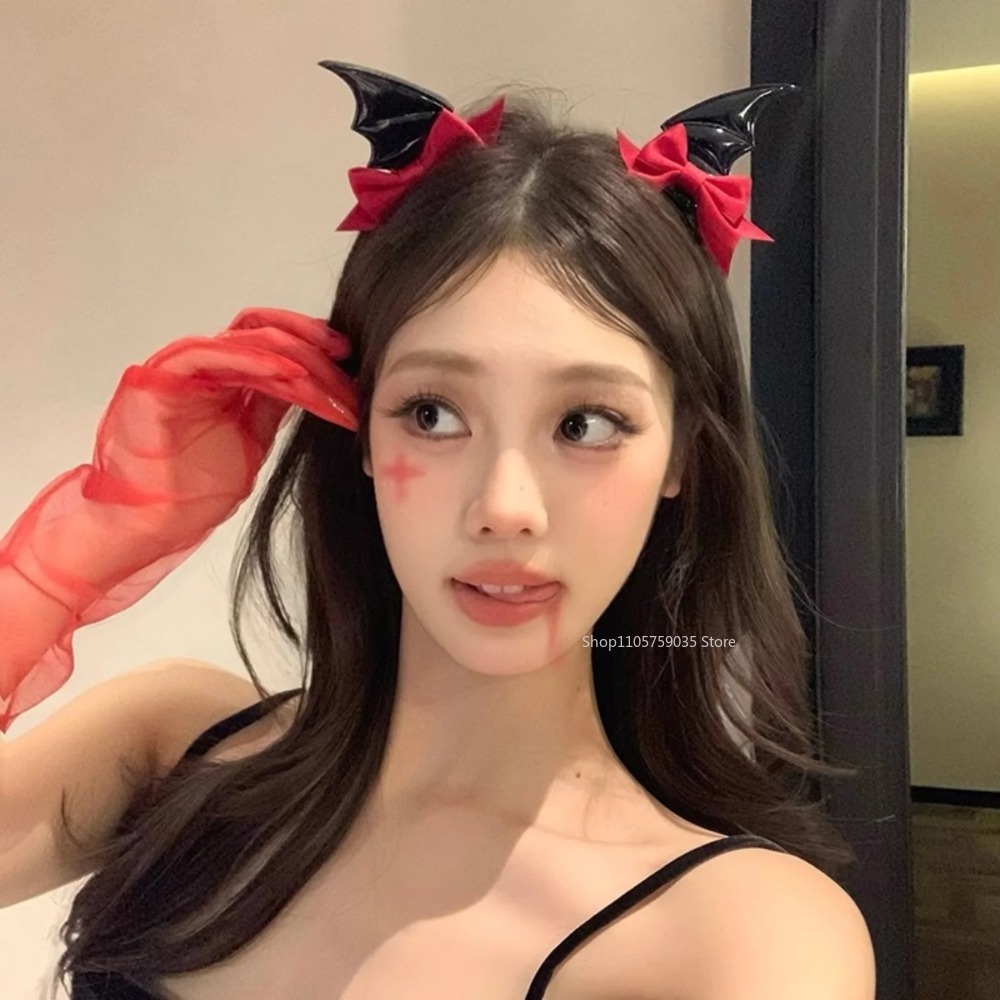 Cosplay Bat Prop - ハロウィン デビルホーン リボン ヘアクリップ 女性用 ヘッドウェア
