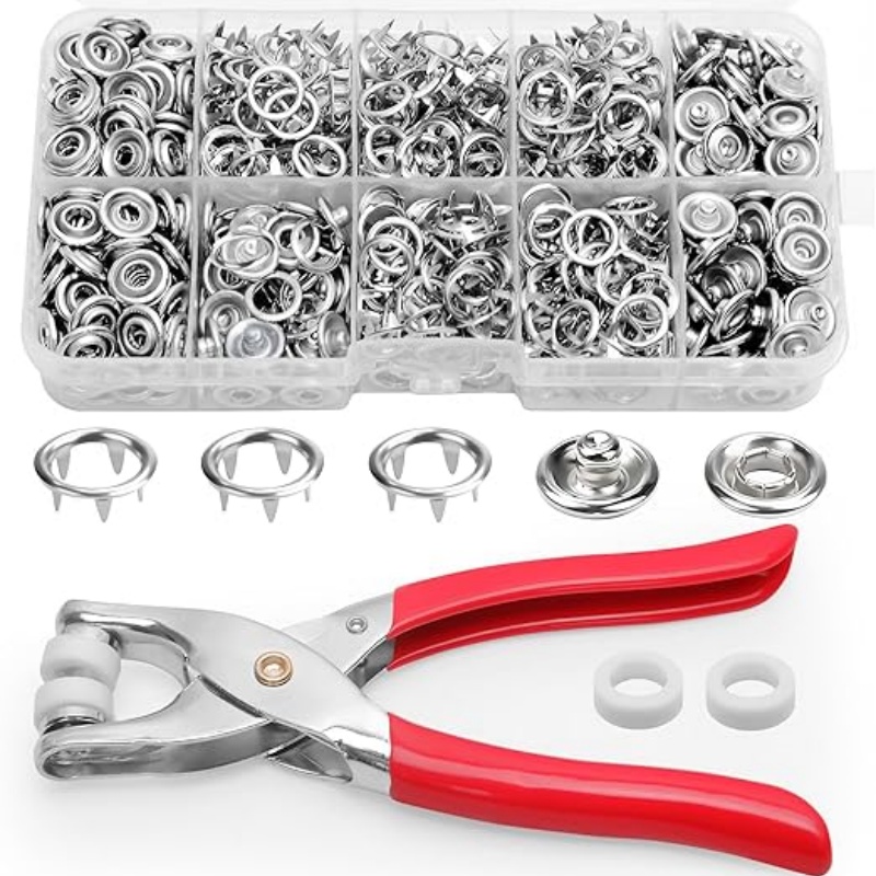 Snap Fastener Set - 9.5mmメタルスナップボタンキット - 100セット シルバー中空スナップ（布用）、ファスナーペンチ付き、DIYクラフト用縫製ボタンスナップ