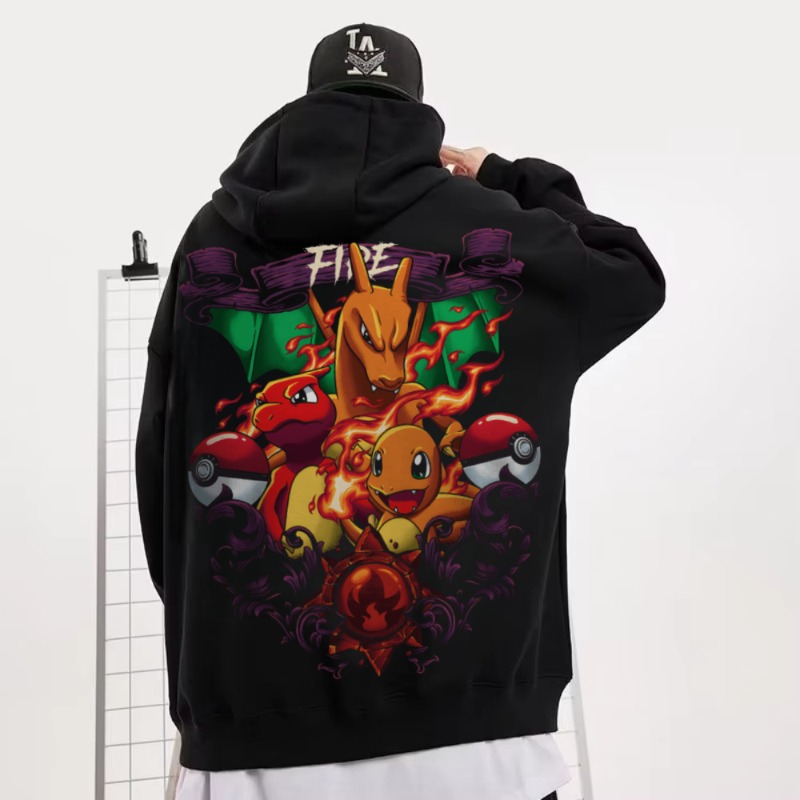 Cosplay Flame Prop - 黒のオーバーサイズ4XLポケモン炎龍プリントメンズ＆レディース秋冬ベルベットY2Kハロウィンコスチュームフード付きスウェットシャツ