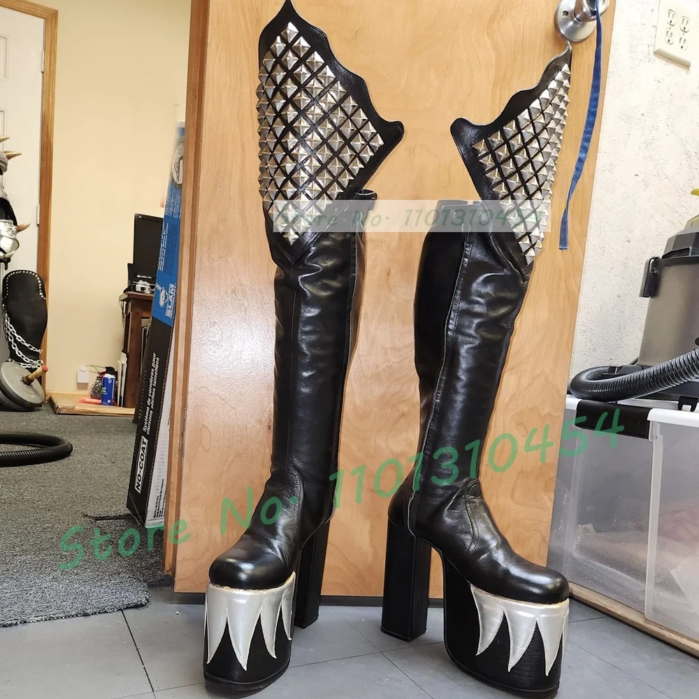 Cosplay Flame Prop - 男性と女性のためのニーハイプラットフォーム悪魔のブーツ,黒,銀の炎のデザイン,金属リベットの靴,女性のコスプレバイカーブーツ,セクシーでシック,新しい