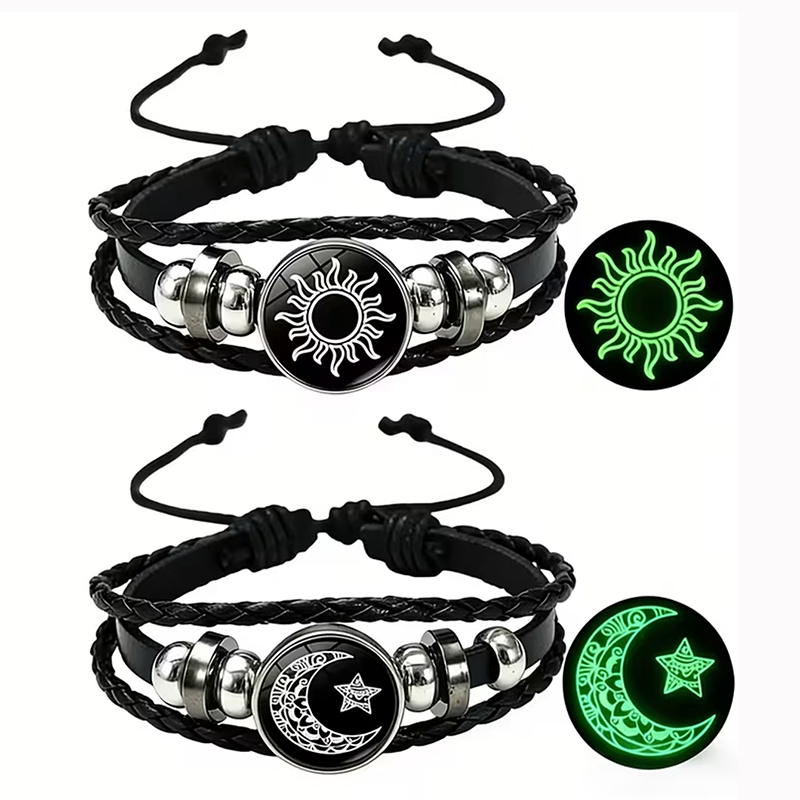 2個セット 暗闇で光る太陽と月のカップルブレスレットセット  - Snap Fastener Set のレビューと価格