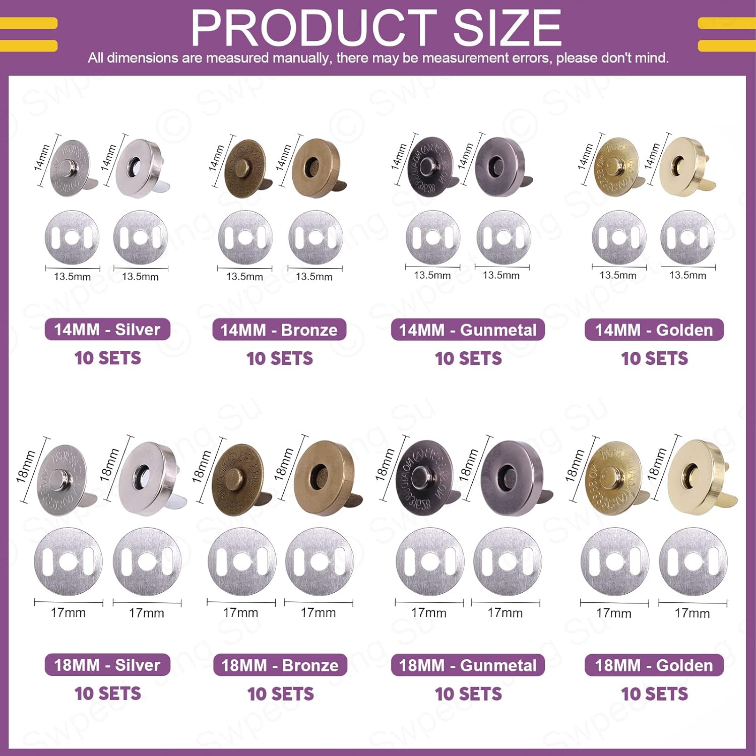 10セットの磁気スナップボタン、金属製留め具、14mmと18 - Snap Fastener Set のレビューと価格